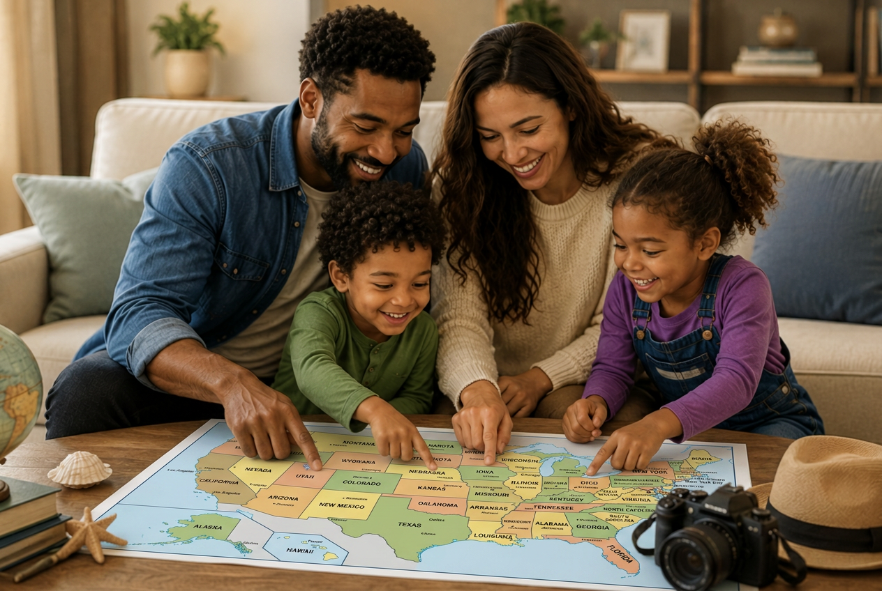 A family pointing at a map of the United States together on the coffee table